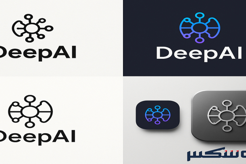 لوگوی مدرن و مینیمال DeepAI با الهام از شبکه عصبی، به همراه نمایش نسخه‌های متنوع آن در سبک‌های فلت، گرادیان نئونی، خطی، برجسته و آیکون اپلیکیشن.