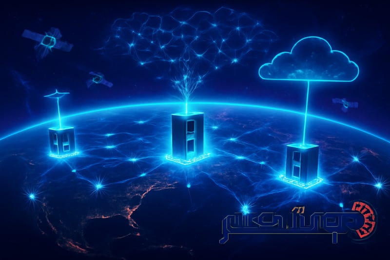 نمای علمیتخیلی از شبکه جهانی زیرساختهای هوش مصنوعی برای ارائه خدمات در مقیاس عظیم.