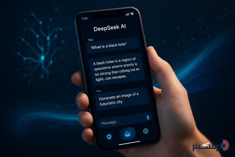 نمایی واقعی از گوشی هوشمند که رابط کاربری هوش مصنوعی DeepSeek را نمایش می‌دهد؛ شامل پیام‌های متنی و آیکون‌های مدرن با طراحی مینیمال و الهام‌گرفته از شبکه‌های عصبی.