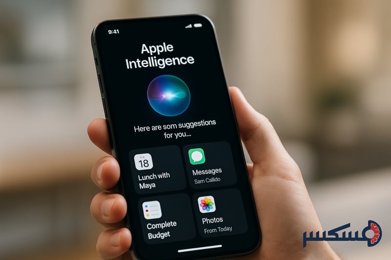 نمایی نزدیک از آیفون در دست کاربر با رابط کاربری Apple Intelligence شامل ویجتهای پویا، پیشنهادات هوشمند و طراحی مینیمال اپل