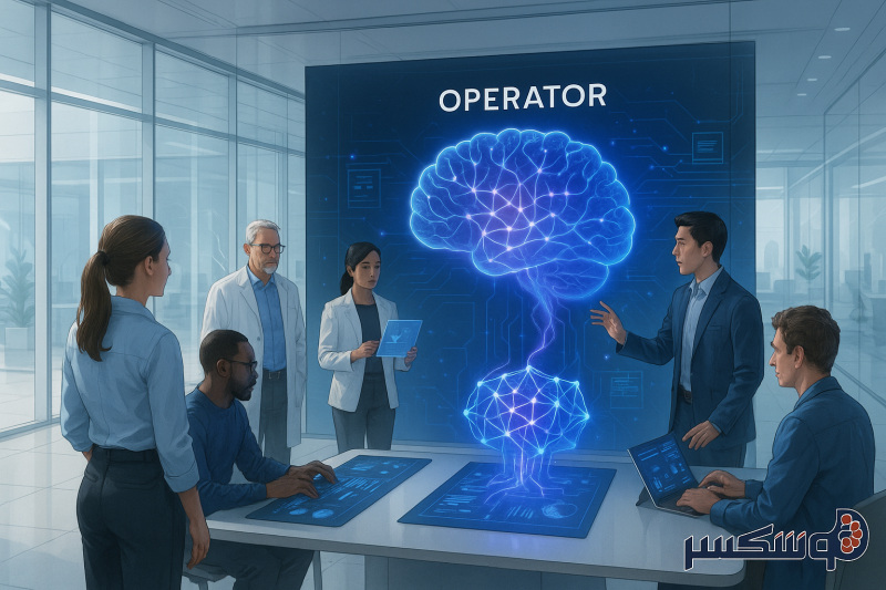 تیم OpenAI در حال معرفی هوش مصنوعی Operator با استفاده از هولوگرام شبکه عصبی و نمایش زنده قابلیتها در یک آزمایشگاه پیشرفته