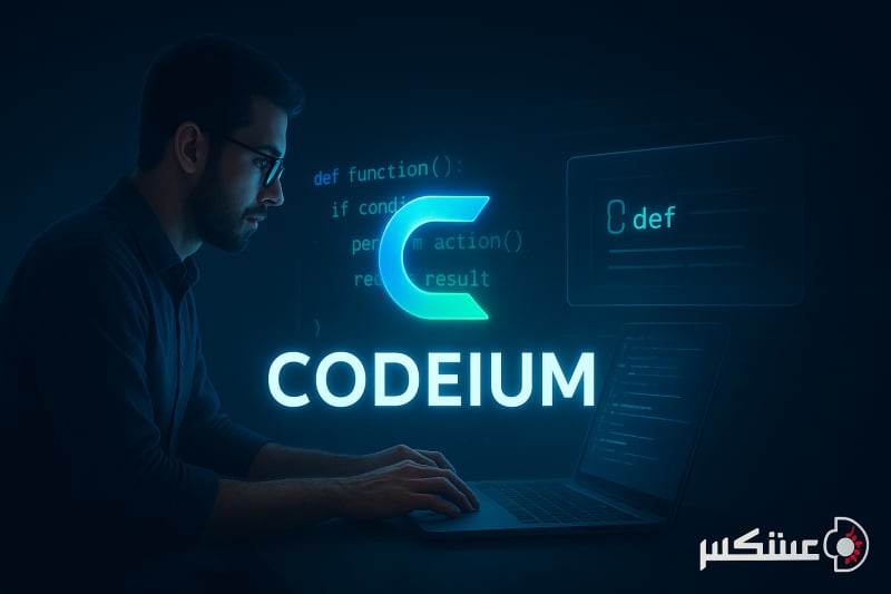 پوستر آیندهگرایانه برنامهنویسی هوشمند و حرفهای با هوش مصنوعی کدیوم، همراه با محیط کدنویسی مدرن و خطوط کد درخشان