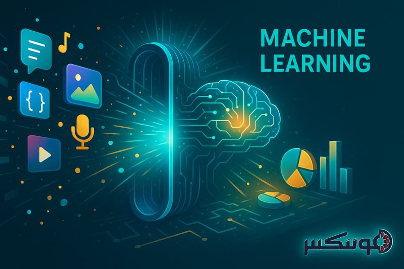 تصویر خلاقانه از بررسی دیتاهای ورودی با تکنولوژی Machine Learning؛ نمایش ورود دادههای متنوع مثل متن، تصویر و صدا به یک تونل دیجیتال و تبدیل آنها به خروجیهای منظم و ارزشمند در سبک سهبعدی آیندهگرایانه.