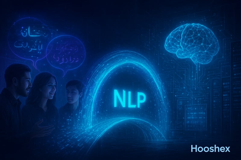 تصویر مفهومی افزایش درک انسانی هوش مصنوعی با کمک پردازش زبان طبیعی (NLP) و تعامل انسان با سیستمهای هوشمند