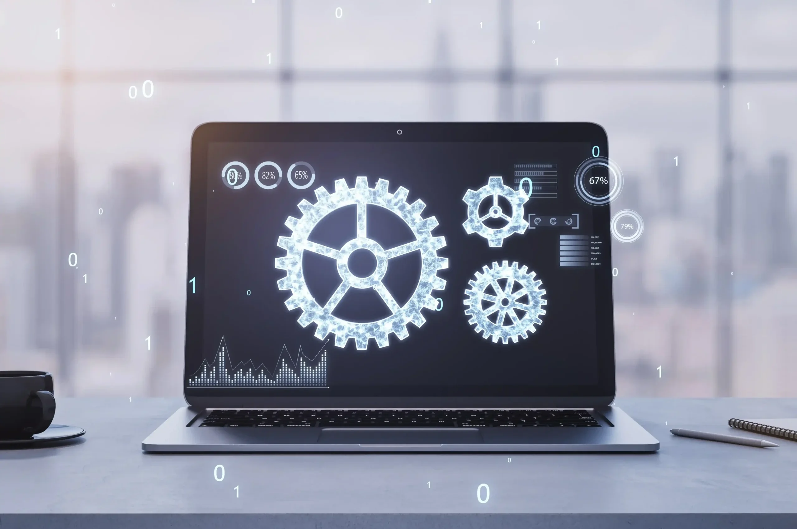 creative-desk-with-laptop-coffee-cup-glowing-binary-code-cogwheel-screen-blurry-window-with-city-view-background-adjusting-app-setting-options-maintenance-repair-fixing-3d-rendering-min_11zon بهینه سازی سایت با هوش مصنوعی